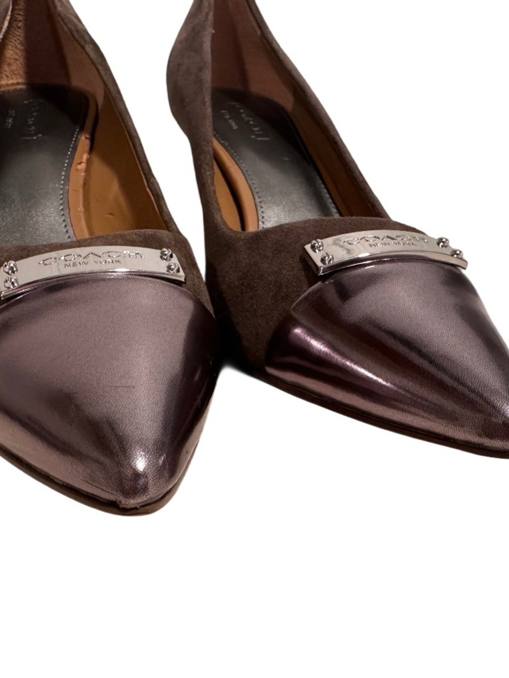 COACH Zan Brown Suede Metallic Cap Toe Pointed Pumps Heels Silver - Size 9B GUC - Picture 9 of 17